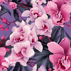Pink and white orchids with dark green leaves on a purple background.
