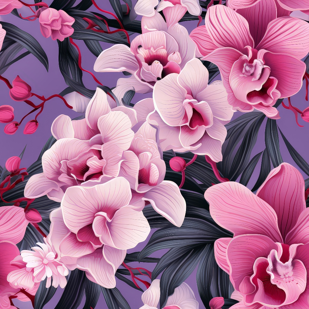 Pink and white orchids with dark green leaves on a purple background.