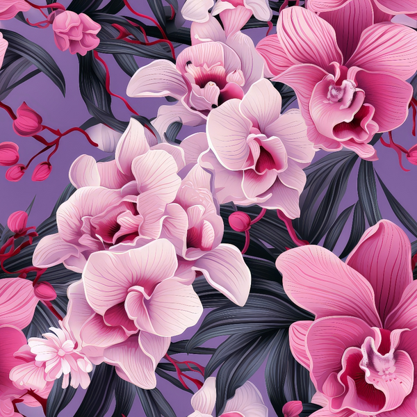 Pink and white orchids with dark green leaves on a purple background.