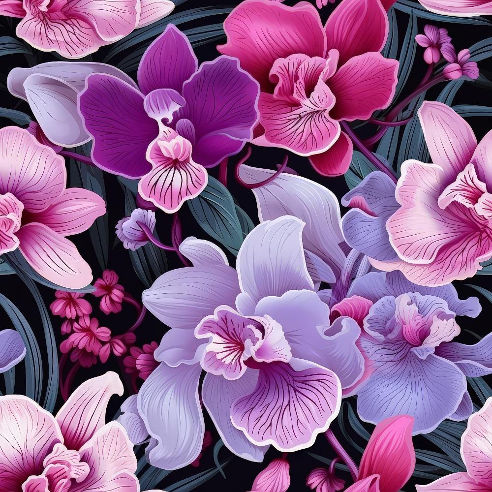 Illustration of various vibrant orchids in shades of pink, purple, and lavender, set against dark, swirling leaves.