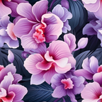 Illustration of pink and purple orchids with detailed petals and dark leaves in the background.