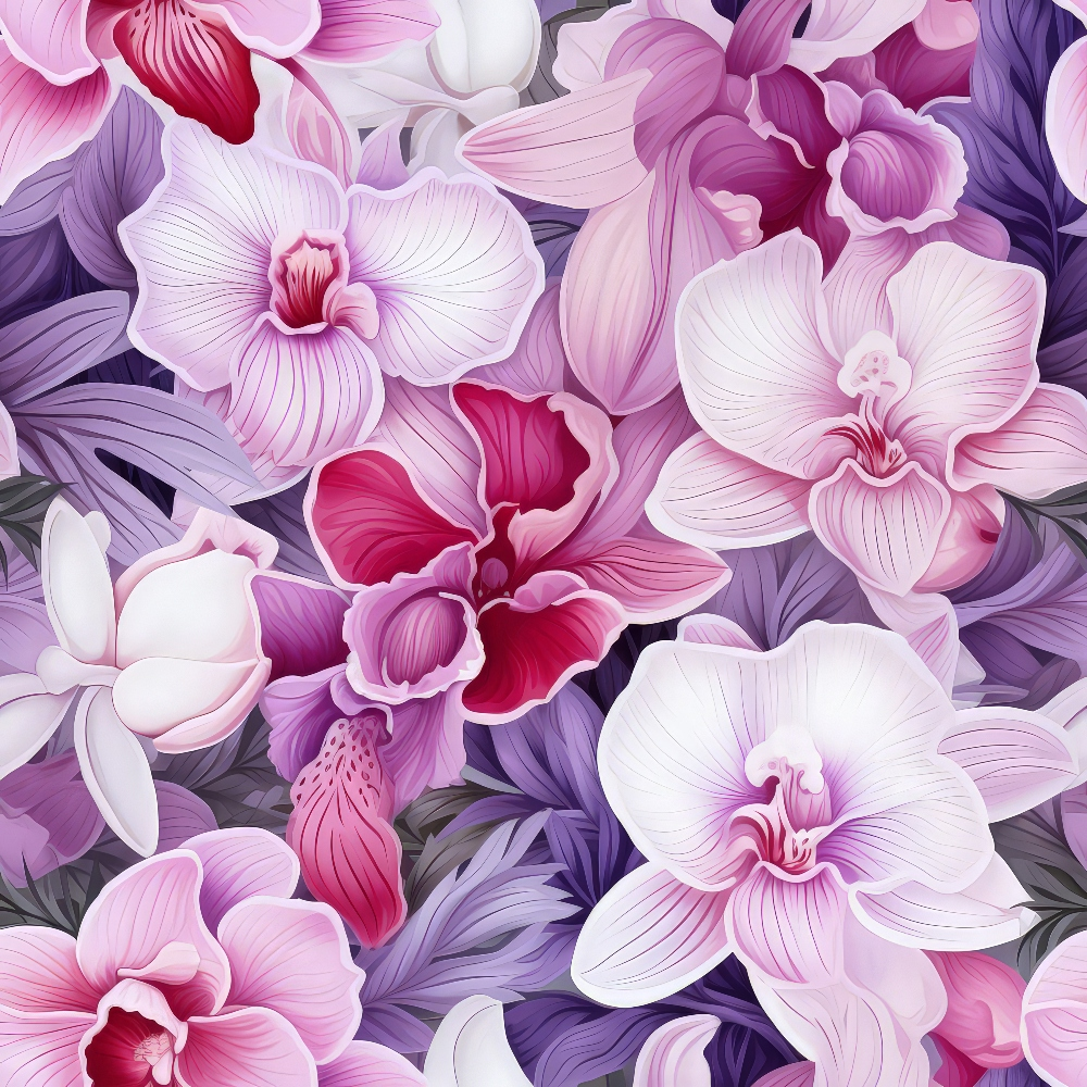 A vibrant pattern of pink and white orchids with purple and green leaves intertwined, creating a lush, floral design.