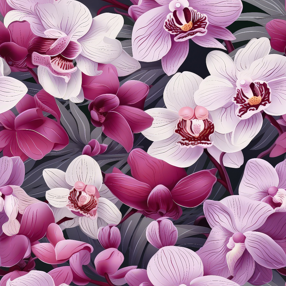 Illustration of pink, purple, and white orchids with detailed petals and leaves on a dark background.