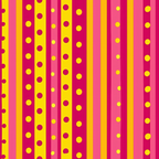 Vertical stripes in red, pink, and yellow with scattered yellow dots.