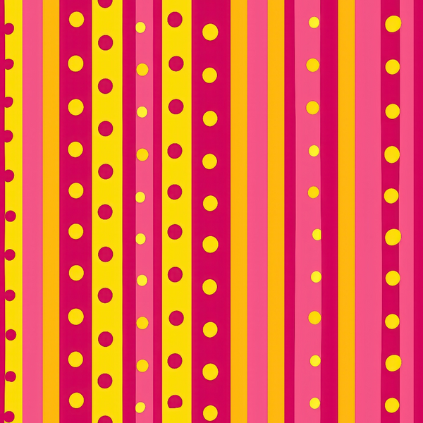 Vertical stripes in red, pink, and yellow with scattered yellow dots.