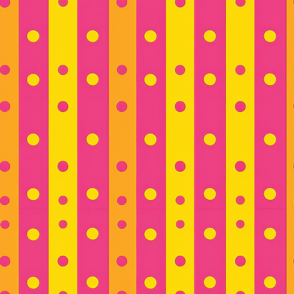 A pattern with vertical stripes in magenta and orange, featuring evenly spaced yellow dots.