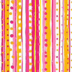 Vertical stripes in orange, pink, and white with scattered polka dots in various sizes and colors on a white background.