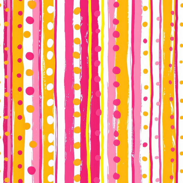 Vertical stripes in orange, pink, and white with scattered polka dots in various sizes and colors on a white background.