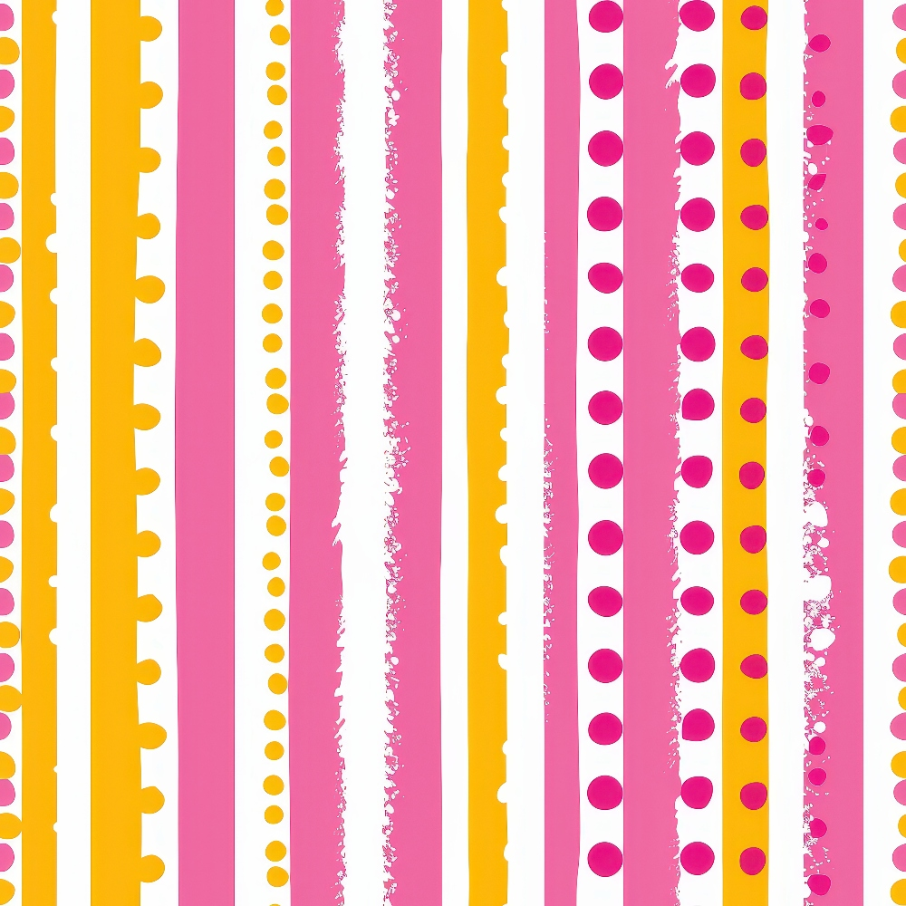 Pattern of vertical pink, orange, and white stripes with various textures including scallops, dots, and splatters.