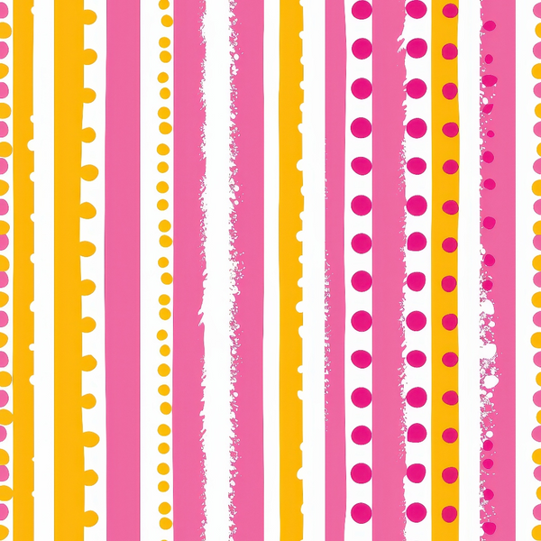 Pattern of vertical pink, orange, and white stripes with various textures including scallops, dots, and splatters.