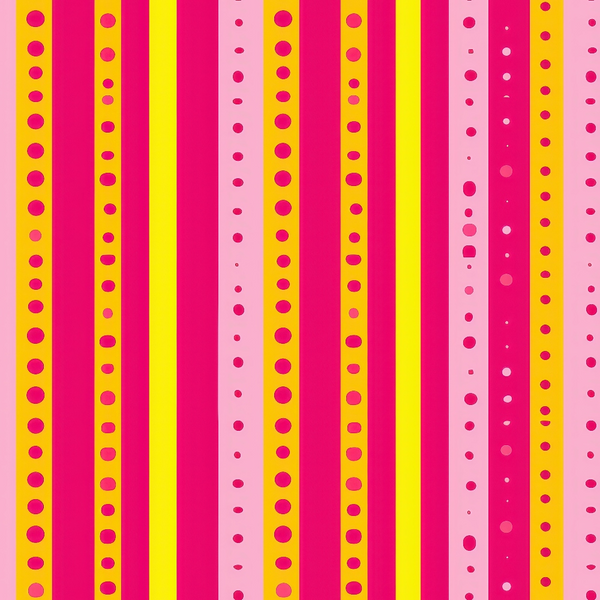 Abstract pattern with vertical stripes in red, pink, and yellow. Dots of varying sizes decorate the stripes, creating a vibrant and repetitive design.