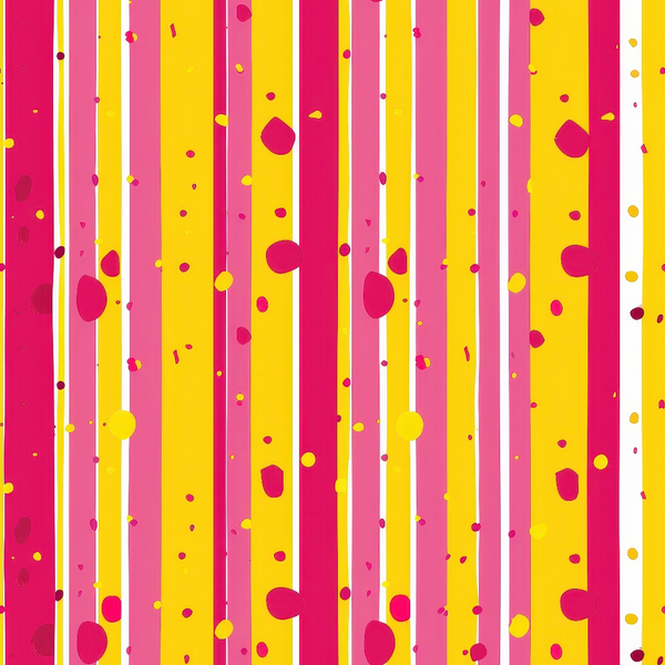 Vertical stripes in red, pink, and yellow with scattered red and yellow dots on a white background.