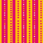 Bright yellow and pink vertical stripes with evenly spaced orange and white dots arranged in rows.