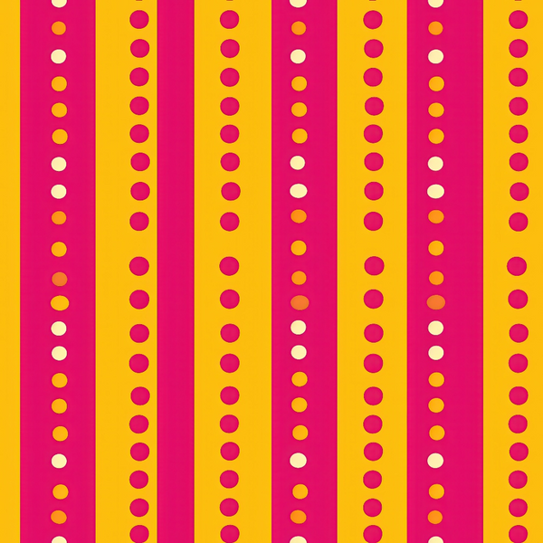 Bright yellow and pink vertical stripes with evenly spaced orange and white dots arranged in rows.