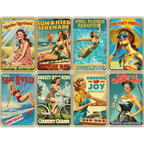 A set of retro-style posters featuring women enjoying summer activities such as swimming, sunbathing, and cycling, with phrases like Sunny Smiles and Cooking Up Joy.