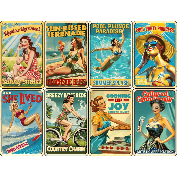 A set of retro-style posters featuring women enjoying summer activities such as swimming, sunbathing, and cycling, with phrases like Sunny Smiles and Cooking Up Joy.