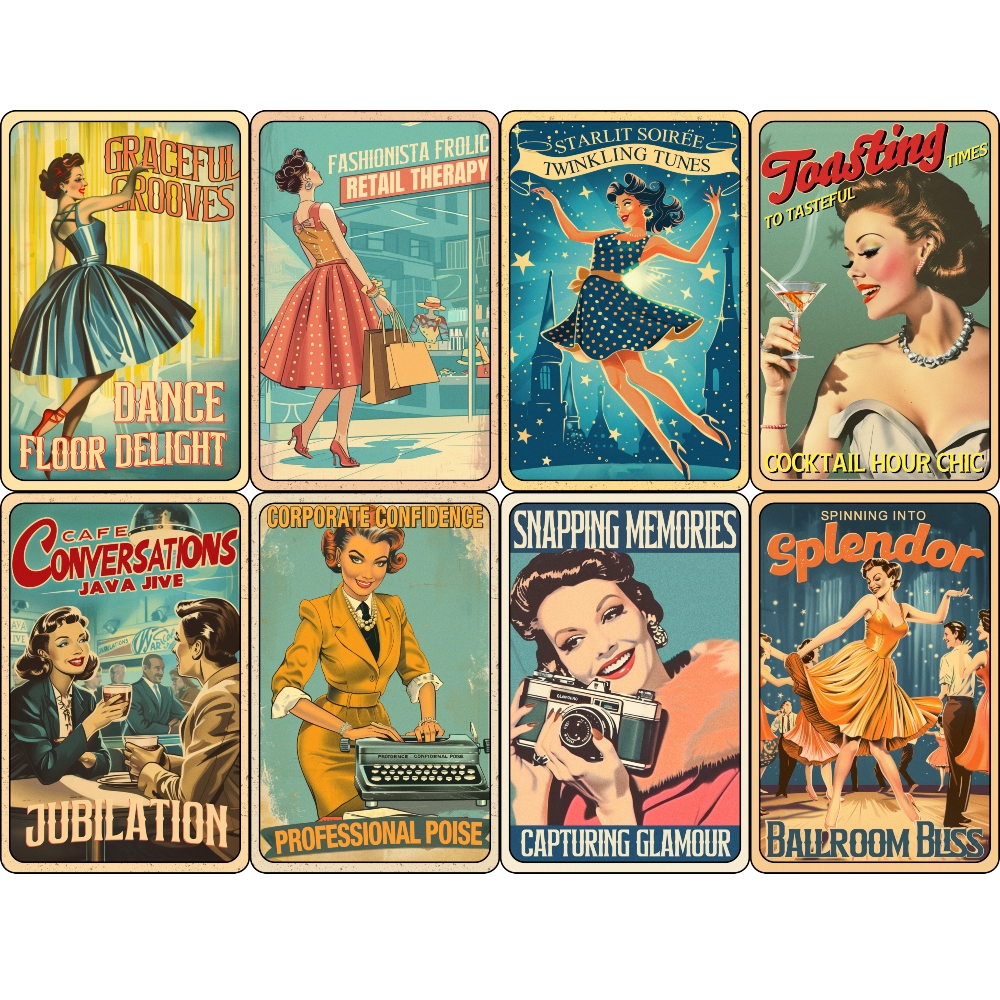 A collection of eight retro-style posters featuring people in vintage fashion, engaging in activities like dancing, shopping, and celebrating. Each poster includes themed phrases.