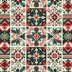 Intricate geometric and floral pattern in red, green, and cream colors arranged in a symmetrical design.
