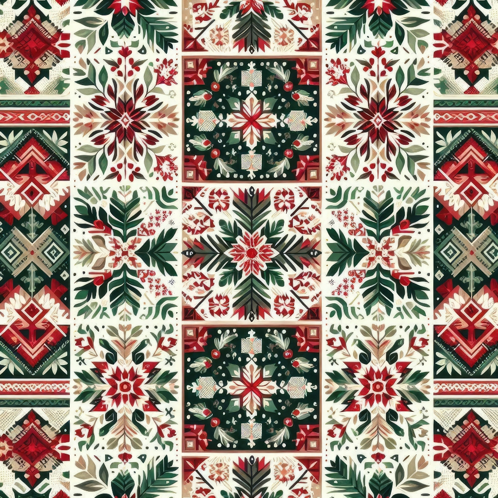 Intricate geometric and floral pattern in red, green, and cream colors arranged in a symmetrical design.