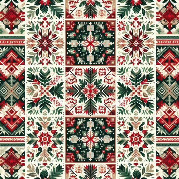 Intricate geometric and floral pattern in red, green, and cream colors arranged in a symmetrical design.