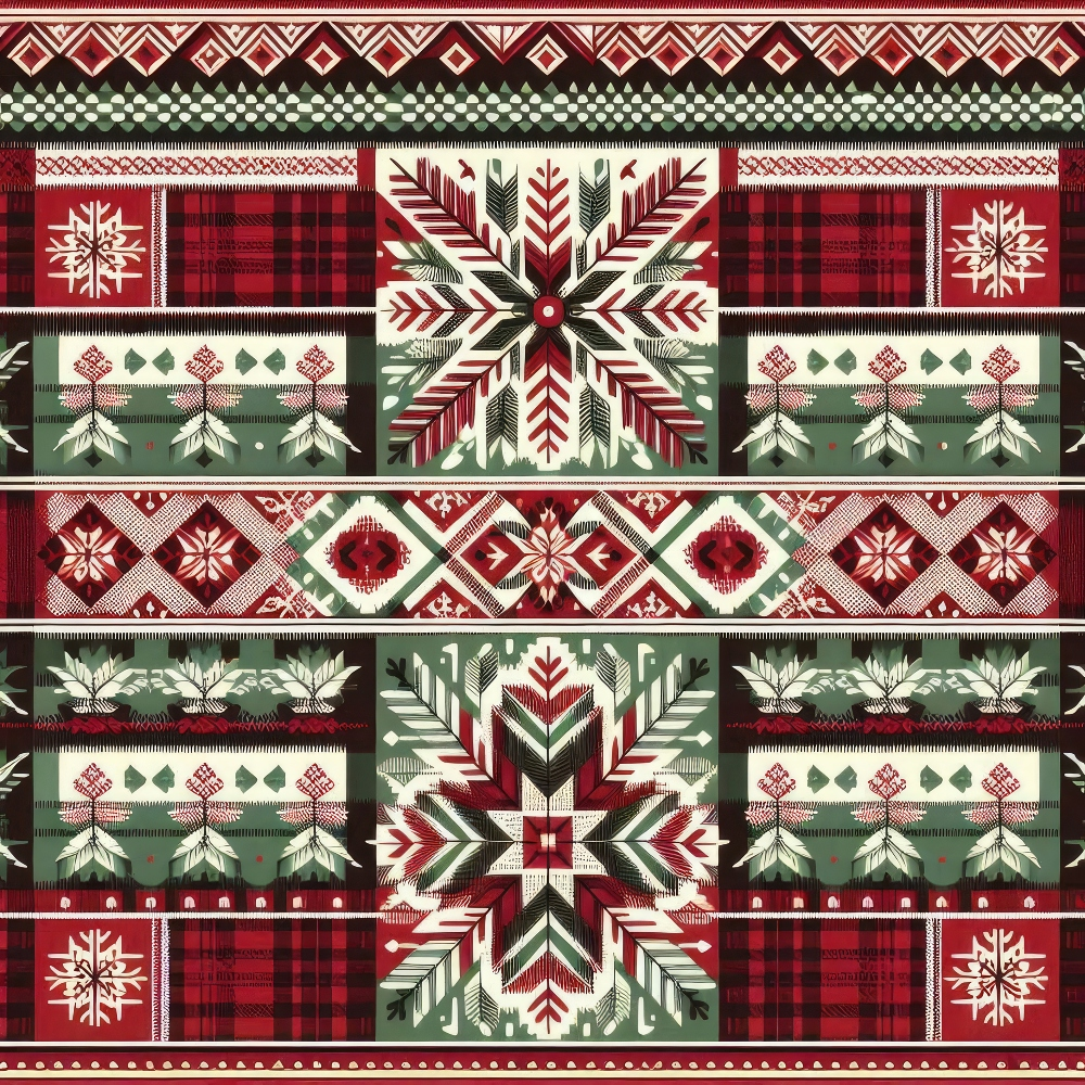 Geometric pattern featuring red, green, and white snowflakes and stripes.