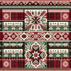 Geometric pattern featuring red, green, and white snowflakes and stripes.