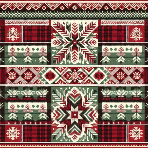 Geometric pattern featuring red, green, and white snowflakes and stripes.