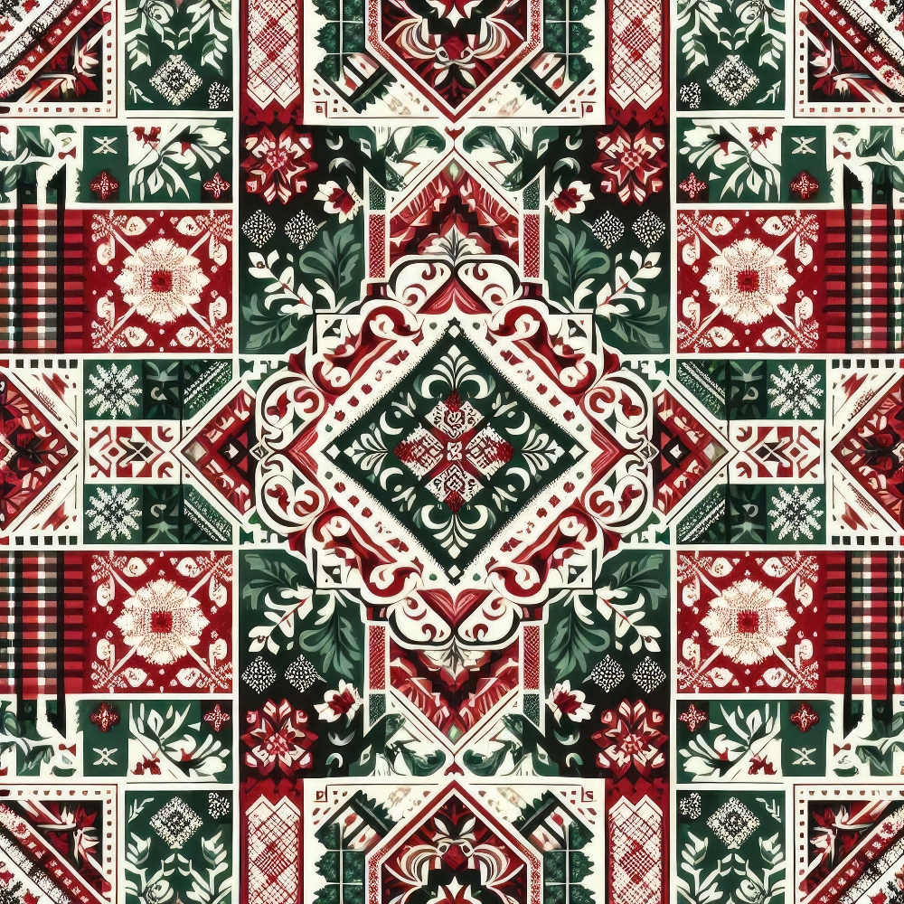 A geometric quilt pattern with repeating red, green, and cream squares featuring floral and plaid designs.