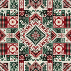 A geometric quilt pattern with repeating red, green, and cream squares featuring floral and plaid designs.