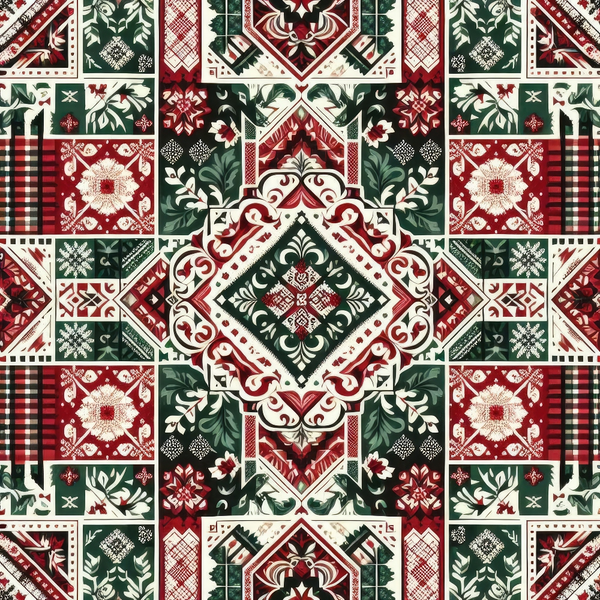 A geometric quilt pattern with repeating red, green, and cream squares featuring floral and plaid designs.