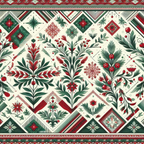 Intricate holiday-themed pattern with red and green botanical designs, including holly, berries, leaves, and geometric shapes on a white background.