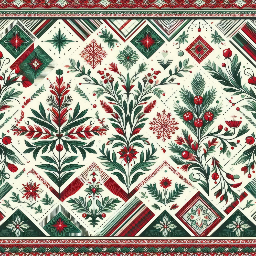 Intricate holiday-themed pattern with red and green botanical designs, including holly, berries, leaves, and geometric shapes on a white background.