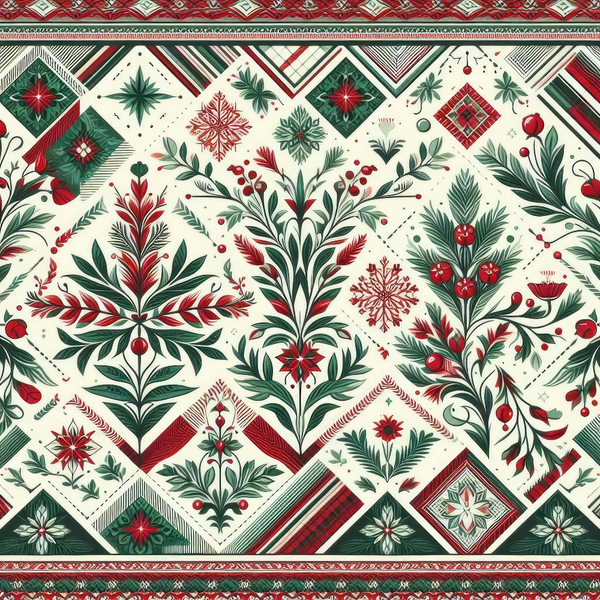 Intricate holiday-themed pattern with red and green botanical designs, including holly, berries, leaves, and geometric shapes on a white background.
