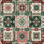 Traditional quilt pattern with red, green, and cream-colored squares featuring floral, geometric, and plaid designs.