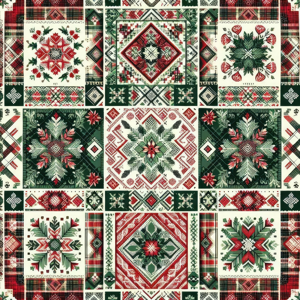 Traditional quilt pattern with red, green, and cream-colored squares featuring floral, geometric, and plaid designs.