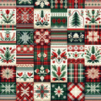 A quilt with red, green, and white squares featuring floral, snowflake, tree, and plaid patterns.