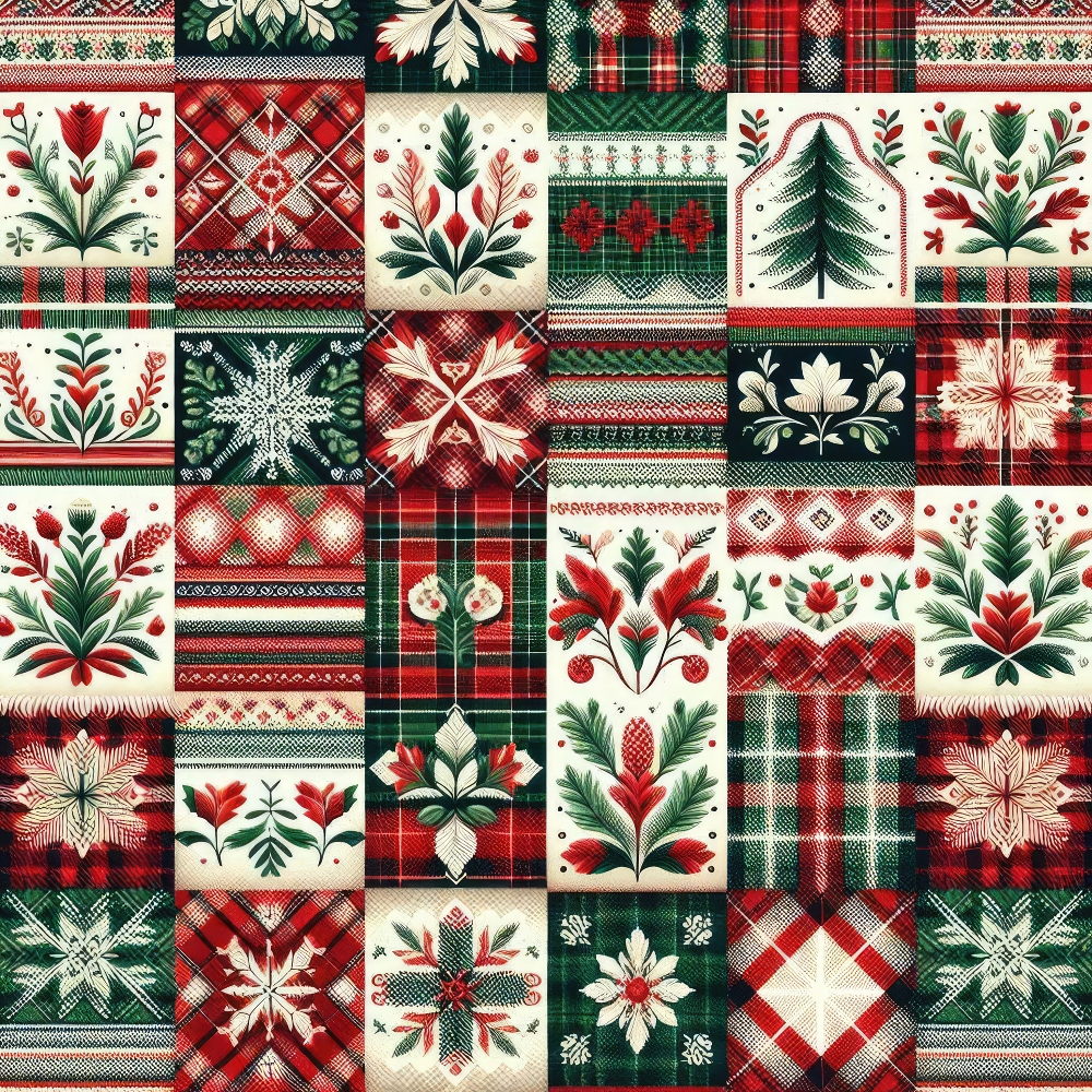 A quilt with red, green, and white squares featuring floral, snowflake, tree, and plaid patterns.