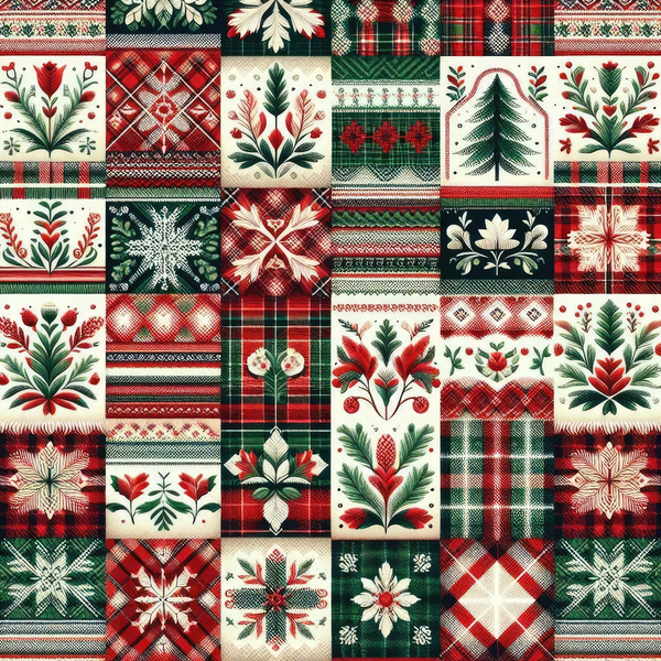 A quilt with red, green, and white squares featuring floral, snowflake, tree, and plaid patterns.