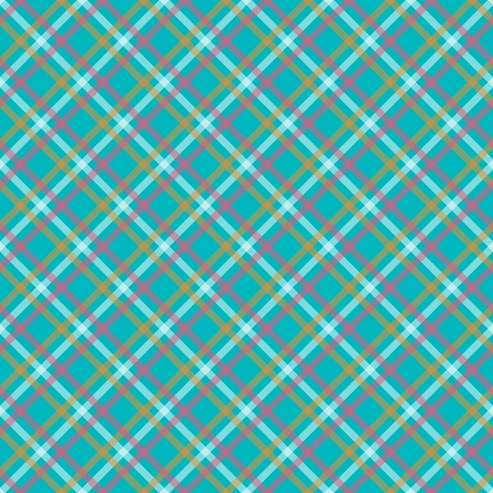 A seamless teal plaid pattern with intersecting yellow, pink, and white lines forming diamond shapes.