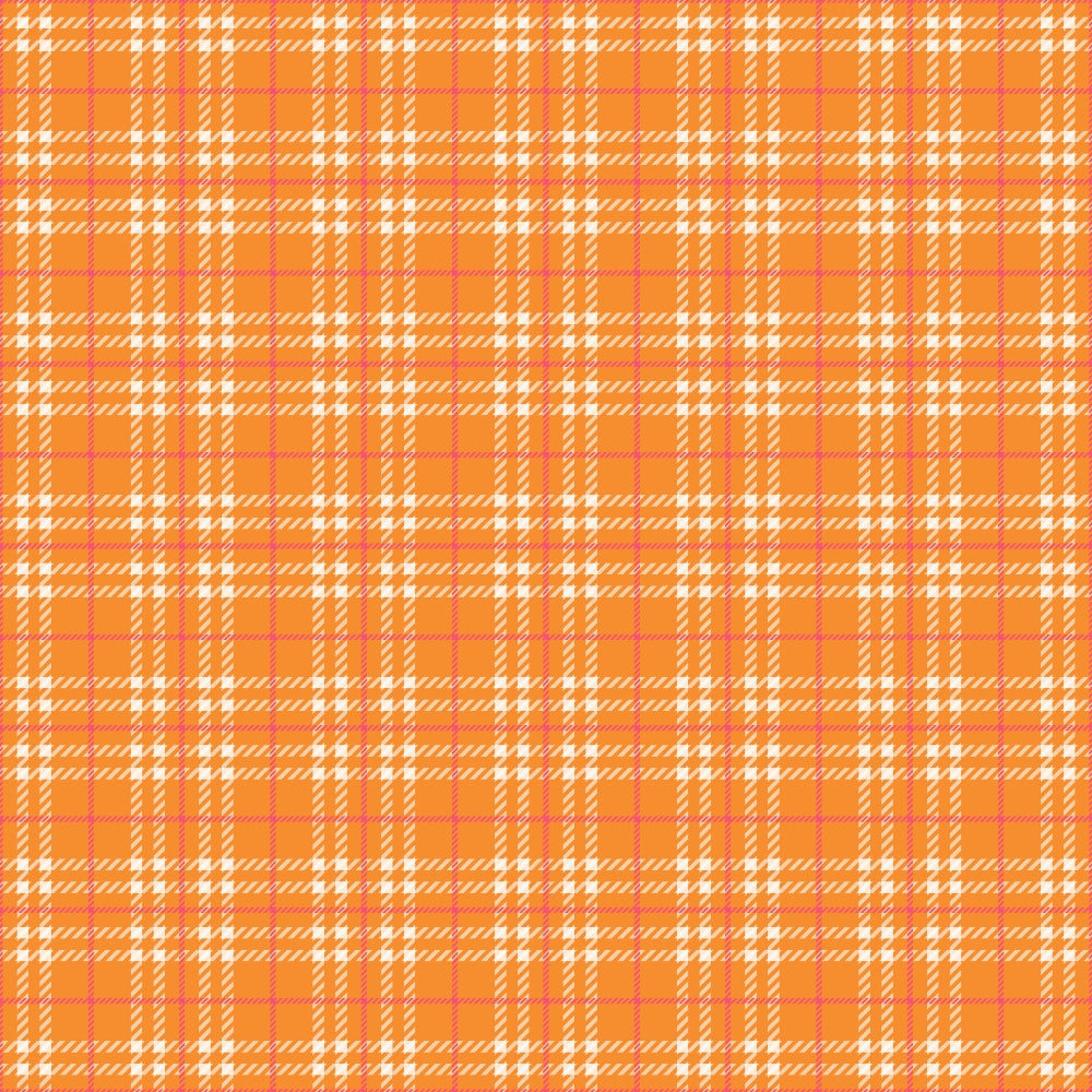 A tartan pattern featuring orange, white, and pink intersecting lines on a textured background.