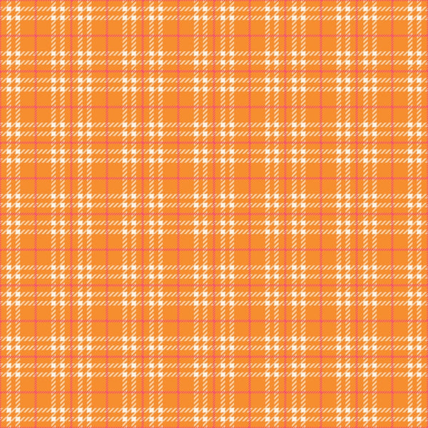 A tartan pattern featuring orange, white, and pink intersecting lines on a textured background.