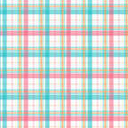A plaid pattern featuring intersecting lines in pink, turquoise, and orange on a white background.