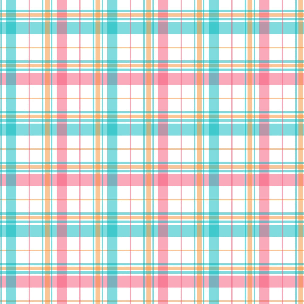 A plaid pattern featuring intersecting lines in pink, turquoise, and orange on a white background.