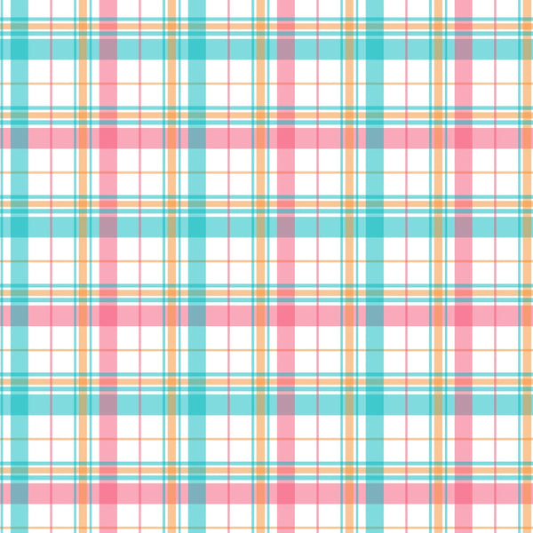 A plaid pattern featuring intersecting lines in pink, turquoise, and orange on a white background.