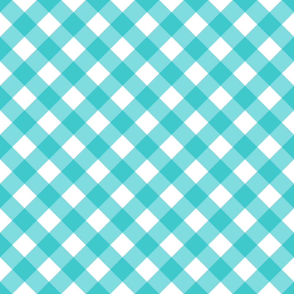 Teal and white gingham pattern with diagonal checkered design and alternating squares.
