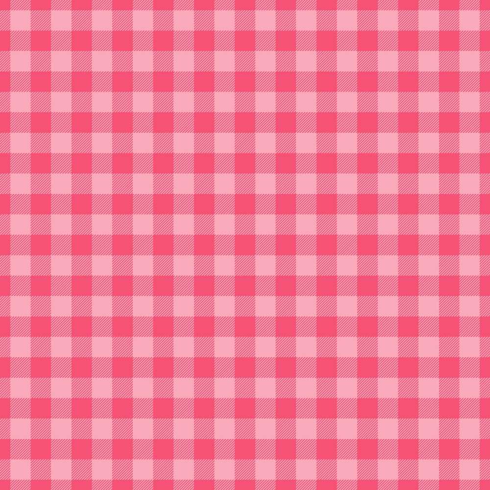 A pink and white checkered gingham pattern fills the image.
