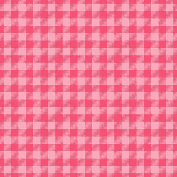 A pink and white checkered gingham pattern fills the image.