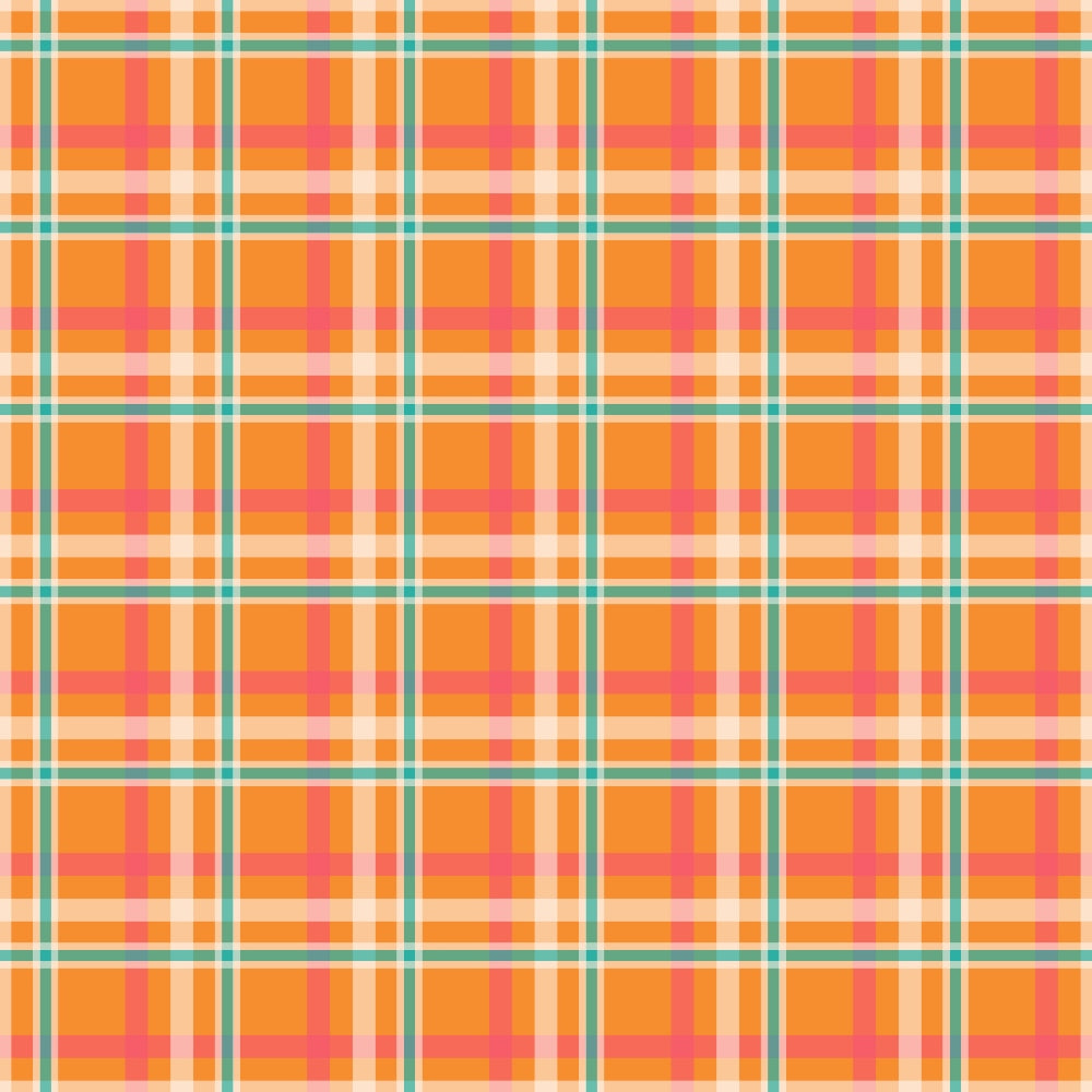 A colorful plaid pattern with intersecting orange, pink, white, and teal lines forming squares.