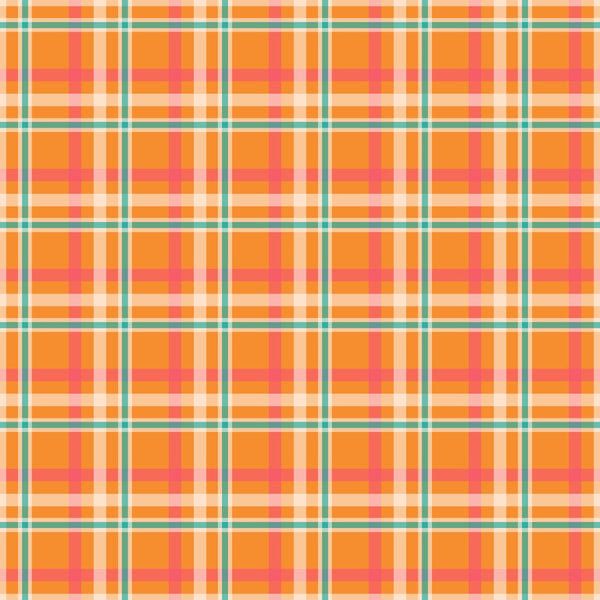 A colorful plaid pattern with intersecting orange, pink, white, and teal lines forming squares.