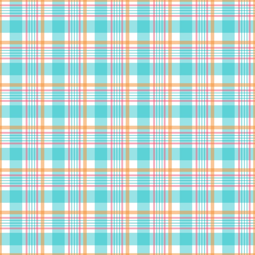 Plaid pattern featuring turquoise, orange, and white intersecting stripes.
